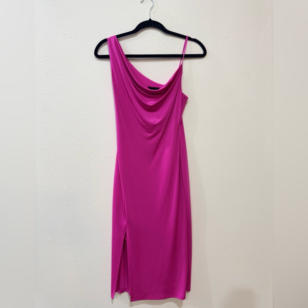 One Shoulder Cowl Neck Cocktail Dress - Fuchsia